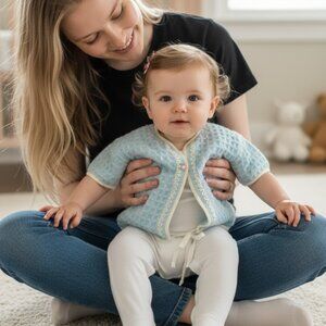 Vintage Baby Blue Knit Cardigan Made in Japan Waffle Knit Newborn